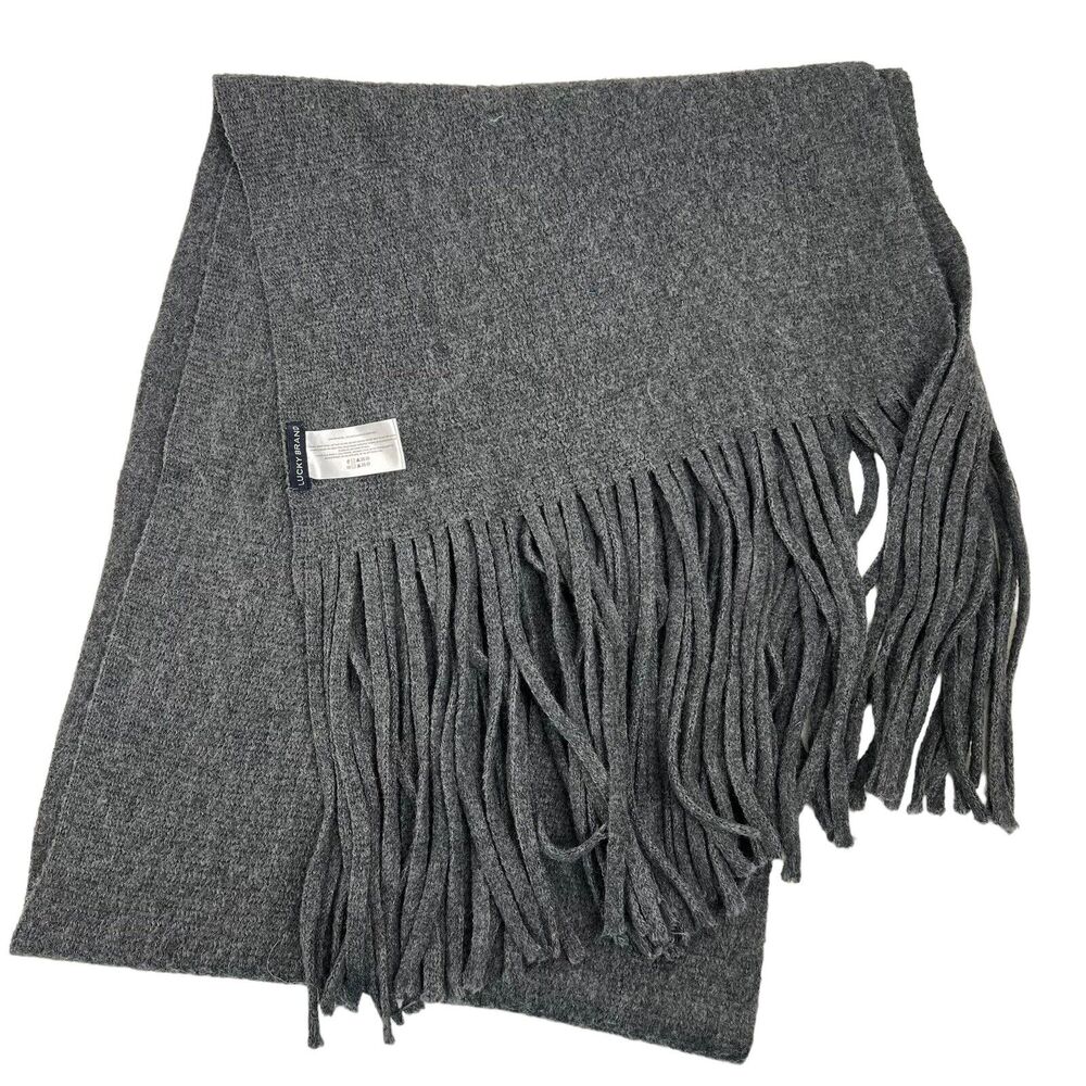 Lucky Brand Fringe Scarf Soft Grey Acrylic Poly Knit 15x83 Long Cozy Wrap